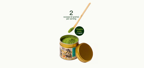 A small open round tin of green matcha powder with a gold lid beside it, a wooden scoop holding powder, and printed serving information on a plain light background.