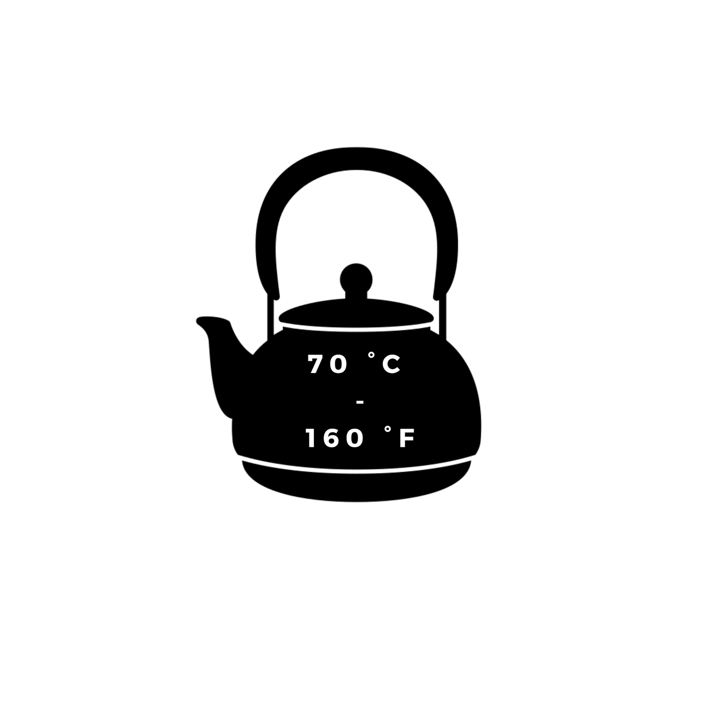 Icono negro de una tetera con instrucciones de preparación de temperatura en grados para 70 grados Celsius y 160 grados Fahrenheit.