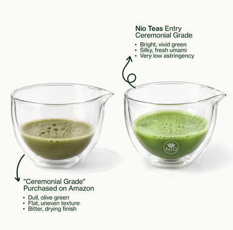 Two matchas side by side: Nio Teas Entry Ceremonial Grade, vibrant green, next to a pale "Ceremonial Grade" bought on Amazon