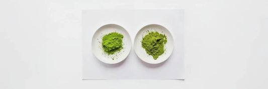 Side-by-side comparison of decaf matcha vs ceremonial matcha powder on white plates, showing differences in texture and color.