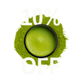 A top-down view of a round black container filled with bright green matcha powder, surrounded by a larger pile of the same green powder on a white background, with large white text reading '10% OFF' overlaid.