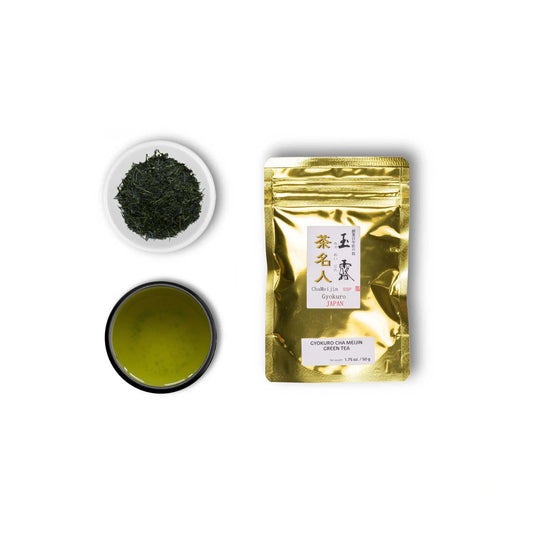 Gyokuro Saemidori Cha Meijin: embalaje del producto, Gyokuro hojas y se hierve Gyokuro té en una taza